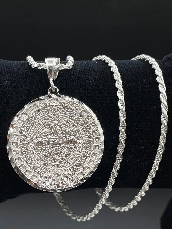 Women’s bridal pearl necklaces-Silver .925 Medium Aztec calendar pendant or chain set!