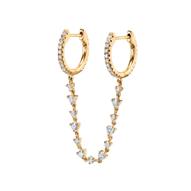 Women’s twisted hoop earrings-Connected Huggies With Tennis Chain - White Diamond / 14k Yellow Gold