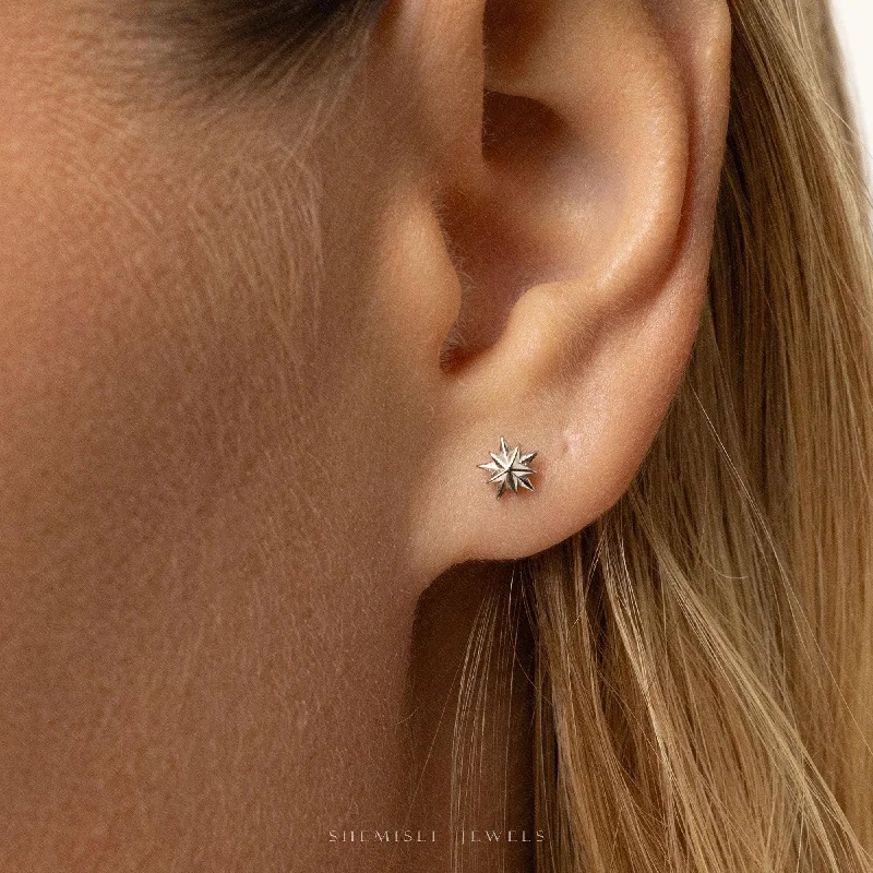 Women’s crystal earrings-Tiny 10 point star Threadless Flat Back Earrings, 20,18,16ga, 5-10mm Unisex, Surgical Steel SHEMISLI SS1137