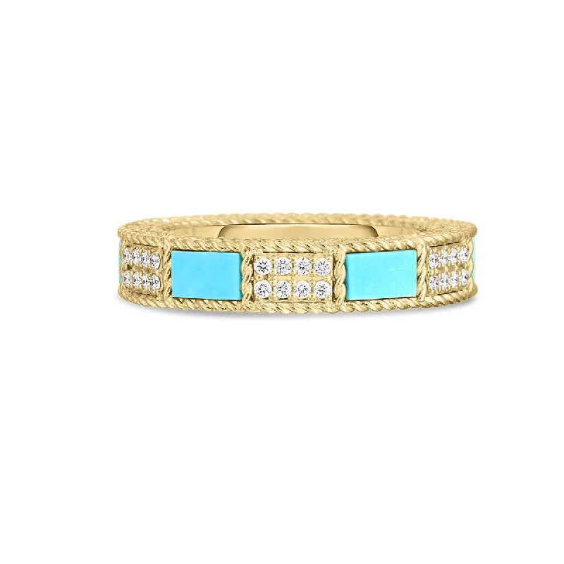 Women’s lab-grown diamond engagement rings-18K Yellow and White Gold Mosaic Alternating Diamond and Turquoise Ring