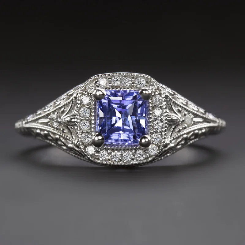 Women’s engagement rings with a twist-TANZANITE DIAMOND COCKTAIL RING VINTAGE STYLE HALO 14k WHITE GOLD FLORAL BLUE