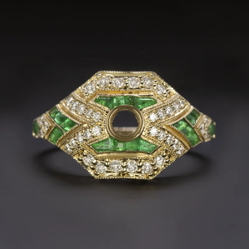 Women’s round cut engagement rings-NATURAL DIAMOND EMERALD RING MOUNT SETTING VINTAGE STYLE ART DECO YELLOW GOLD