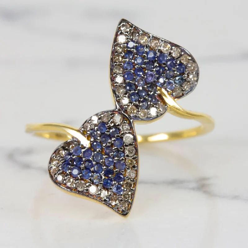 Women’s classic engagement rings-NATURAL SAPPHIRE PAVE DIAMOND COCKTAIL RING LEAF SHAPE BOTANICAL BLUE BOHO STYLE