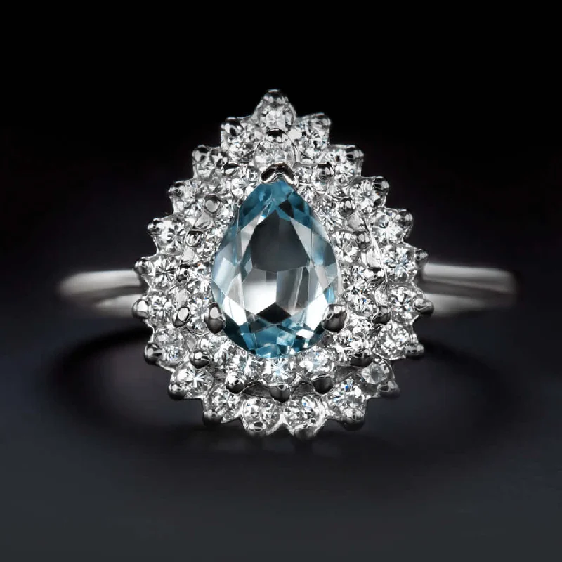 Women’s emerald cut engagement rings-BLUE TOPAZ F-G VS DIAMOND VINTAGE COCKTAIL RING PEAR SHAPE TEARDROP DOUBLE HALO