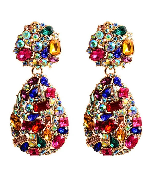 Women’s gold chandelier earrings-Colorful Multi-Gemstone Statement Earrings in Gold Plating