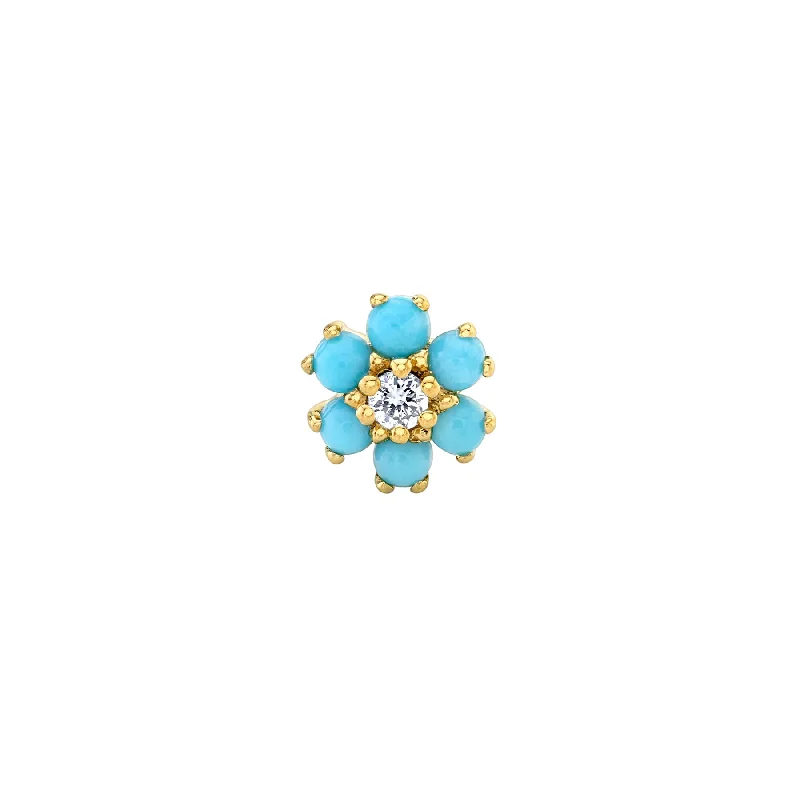 Women’s hoop drop earrings-Mini Teddy Flower Stud - Turquoise and White Diamond / 14k Yellow Gold