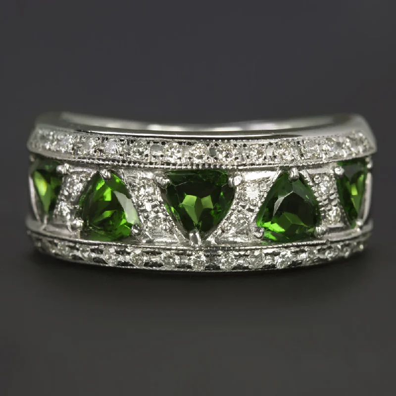 Women’s stackable diamond engagement rings-DIAMOND TSAVORITE GARNET COCKTAIL RING WIDE BAND PLATINUM 9.4gm NATURAL TRILLION