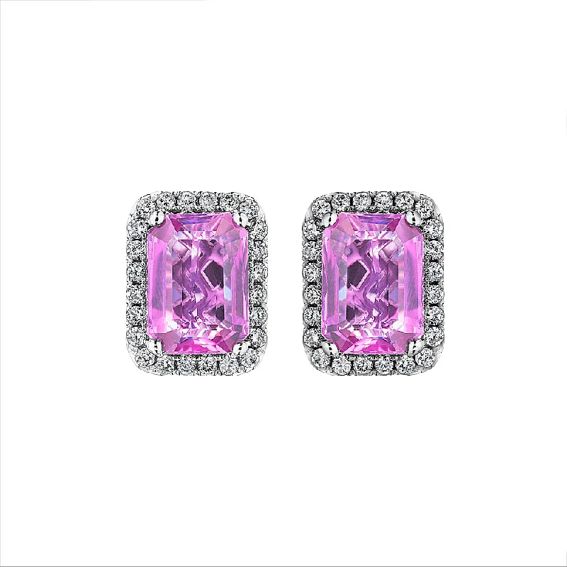 Women’s hoop earrings with charms-Emerald Cut Pink Sapphire & Diamond Halo Earrings