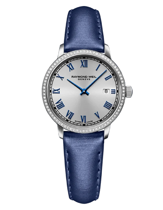 Women’s yellow diamond engagement rings-Raymond Weil Toccata Ladies 76 Diamond Blue Satin Quartz Watch 5985-SCS-00653