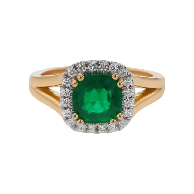 Women’s vintage style engagement rings-1.94ct Zambian Cushion Emerald (O) and 0.16ct Full Cut Diamonds Halo Ring in 18k Yellow and White Gold Size 6.5