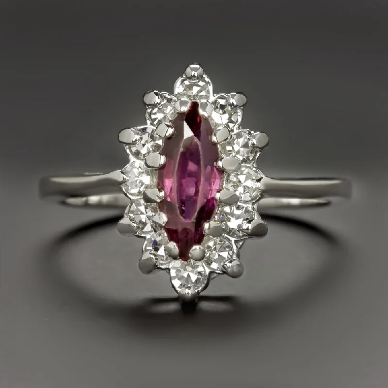 Women’s simple diamond engagement rings-RUBELLITE TOURMALINE DIAMOND COCKTAIL RING VINTAGE ESTATE NATURAL HALO RED PINK