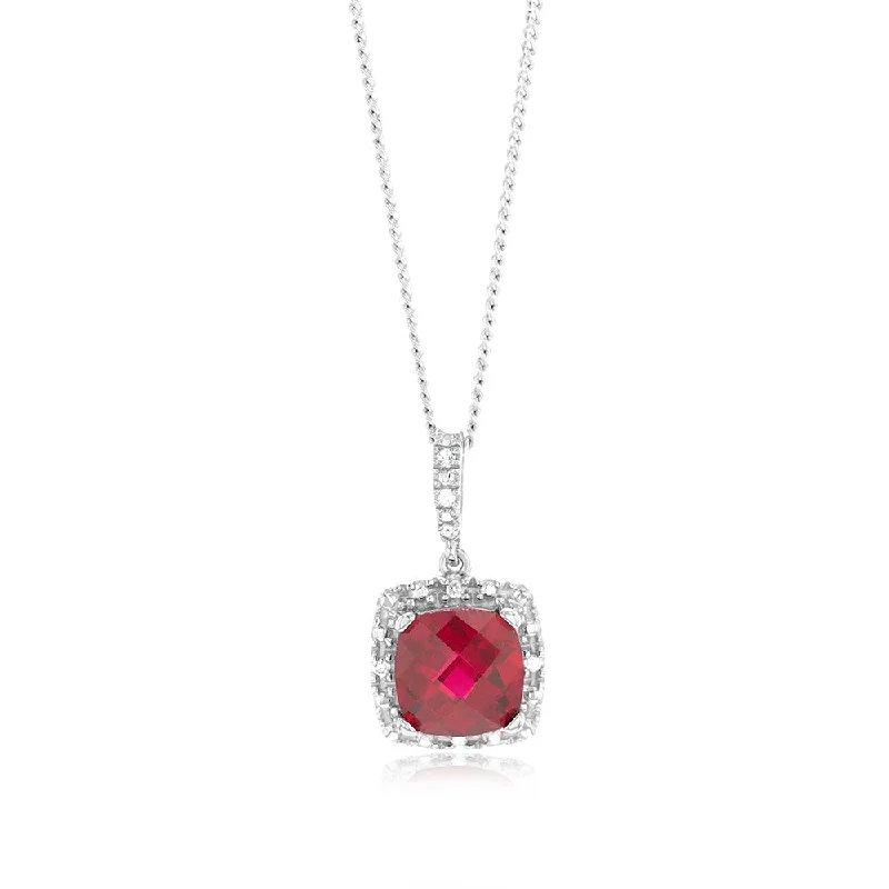 Women’s handmade necklaces-Created Ruby 1.80 Carats 7 Diamonds in Cushion Shaped Pendant Sterling Silver