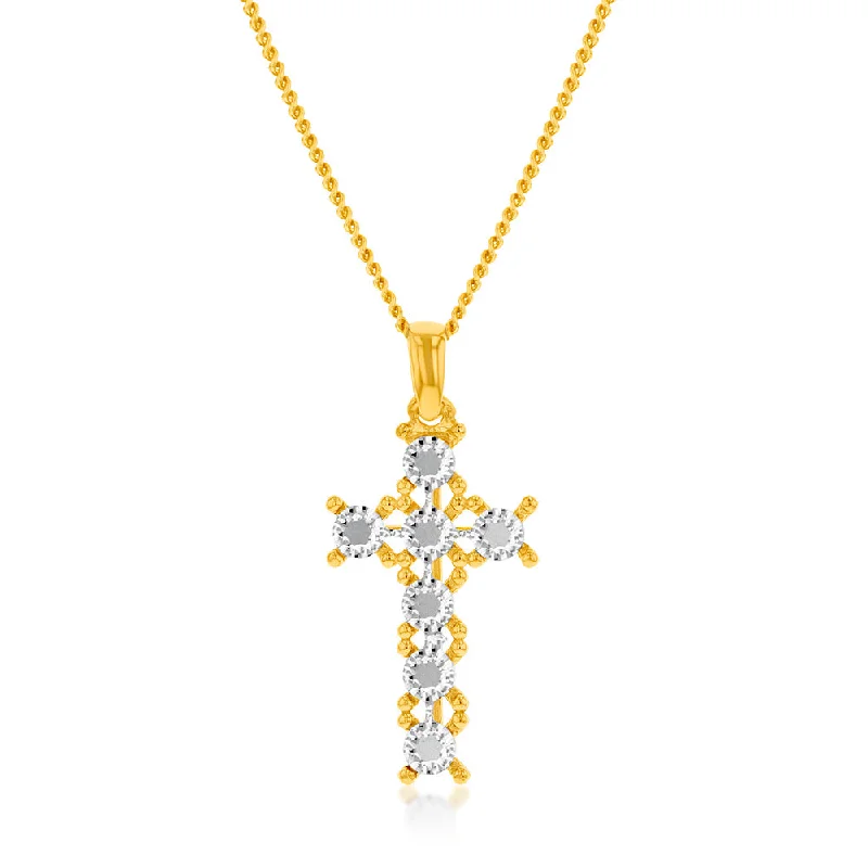 Women’s chunky gemstone necklaces-9ct Yellow And White Gold Two Tone Diamond Cut Fancy Cross Pendant