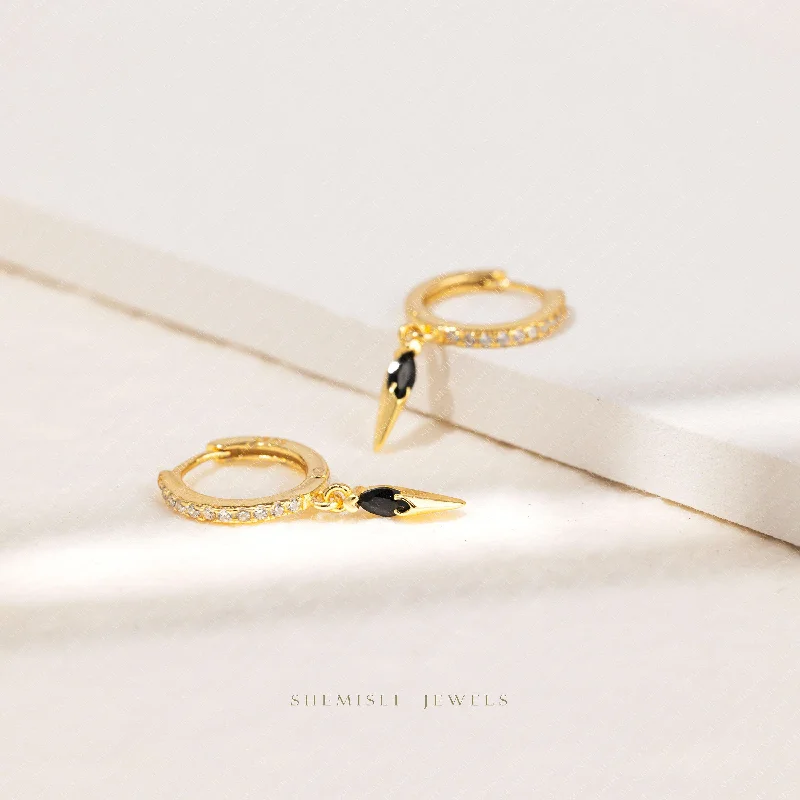 Women’s cubic zirconia earrings-Spike Balck CZ Hoop Earrings, Gold, Silver SHEMISLI SH375