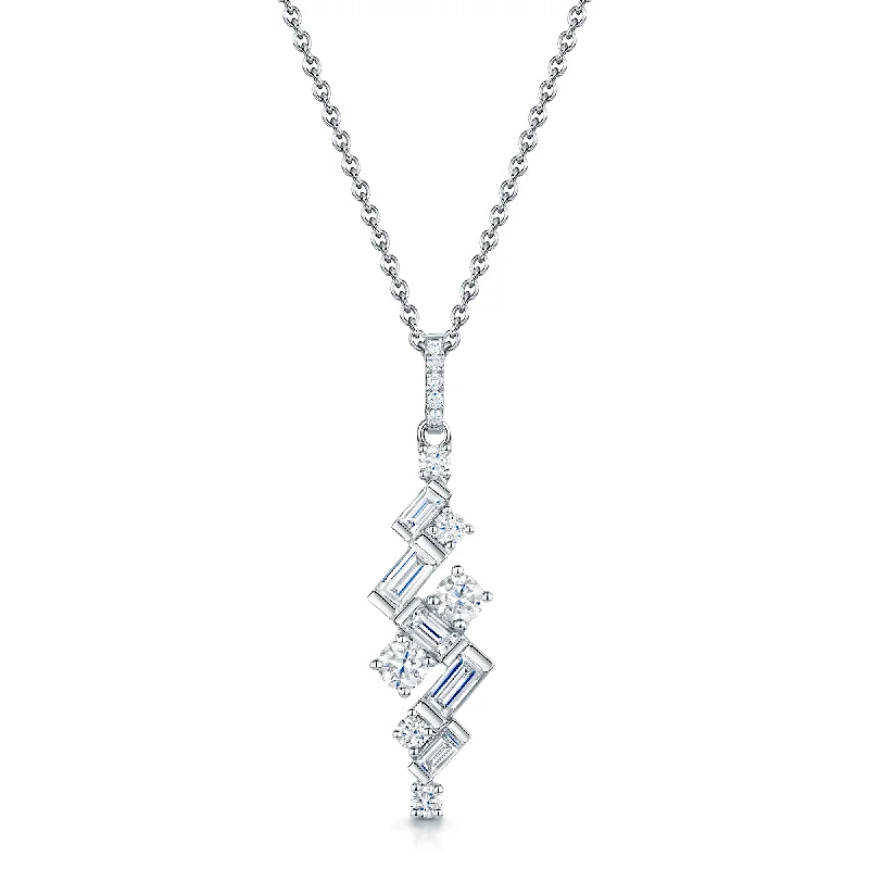 Women’s modern pendant necklaces-18ct White Gold Baguette & Round Brilliant Cut Diamond Drop Pendant