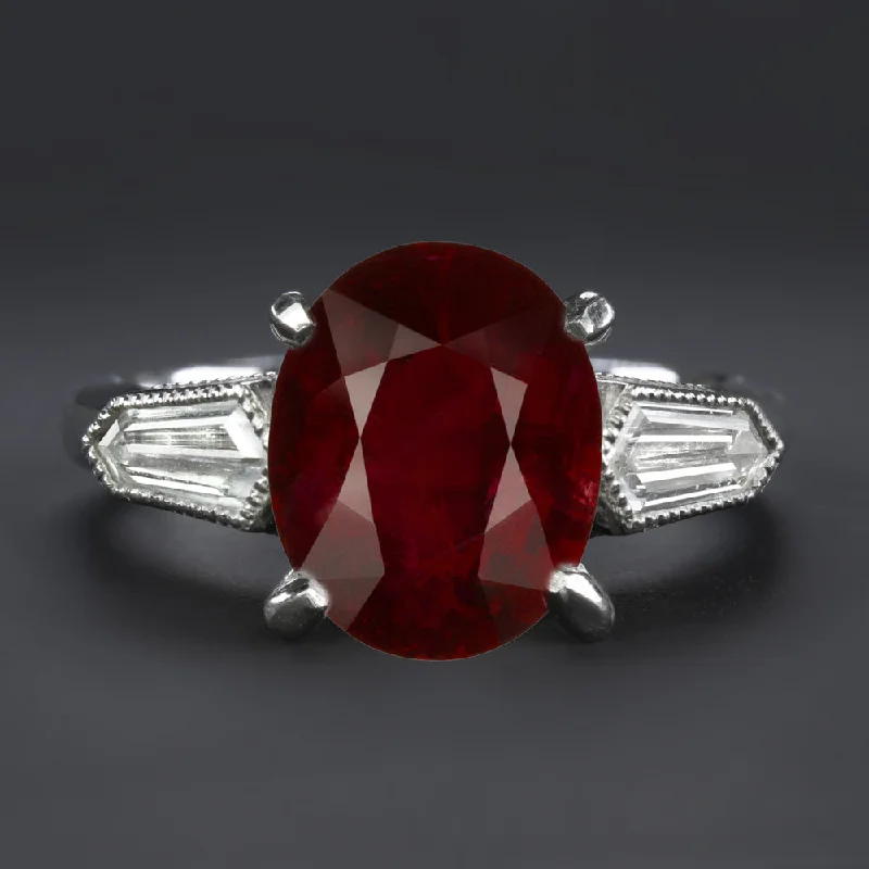 Women’s elegant engagement rings-4.07ct GIA CERTIFIED NO HEAT RUBY DIAMOND COCKTAIL RING PLATINUM BULLET 3 STONE