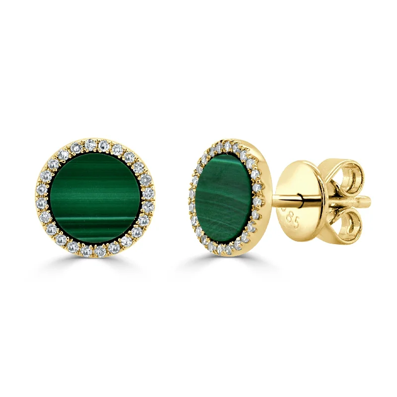 Women’s pearl stud earrings-14k Gold, Diamond & Malachite Disc Studs