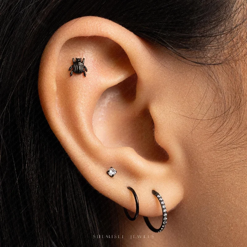 Women’s square earrings-Tiny Black Scarab Beetle Threadless Flat Back Earrings, 20,18,16ga, 5-10mm Unisex, Surgical Steel SHEMISLI SS1070