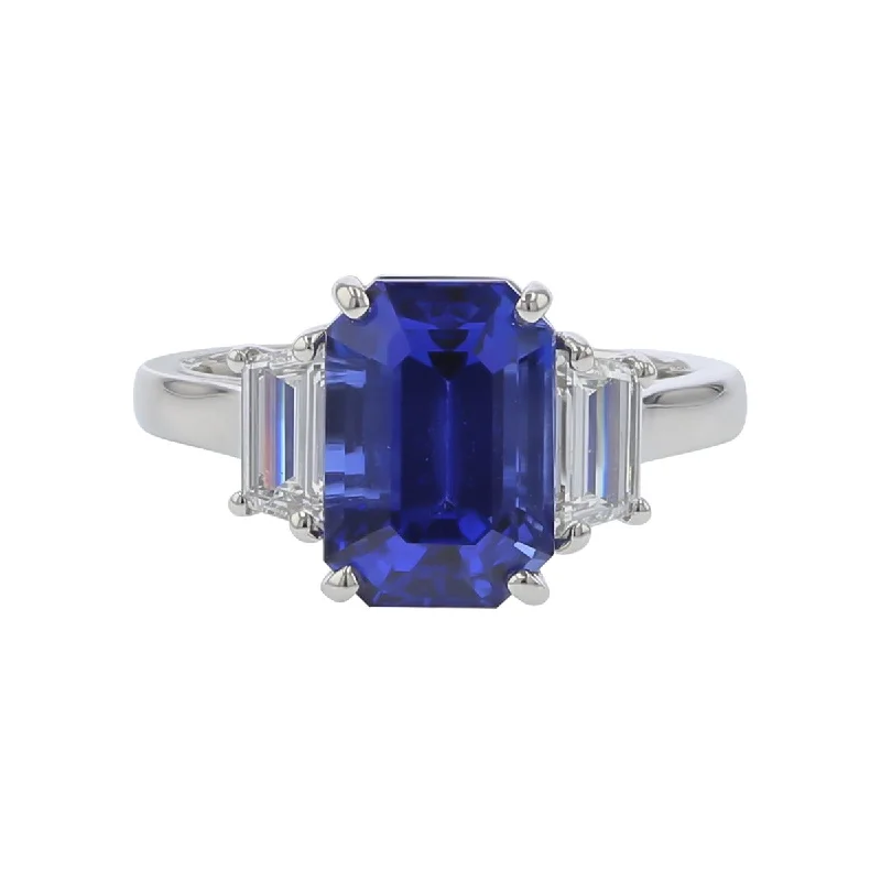 Women’s pear-shaped engagement rings-Emerald-cut Sri Lankan Sapphire and Diamond 3-Stone Ring