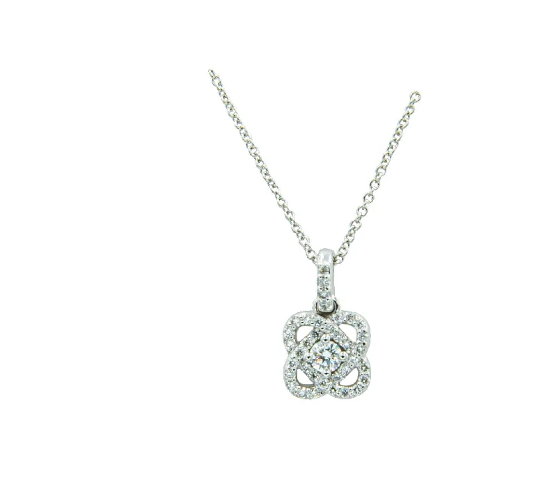 Women’s fashion layering necklaces-14Kt White Gold Diamond Knot Pendant With Round Center Diamond & 40 Round Side Diamonds