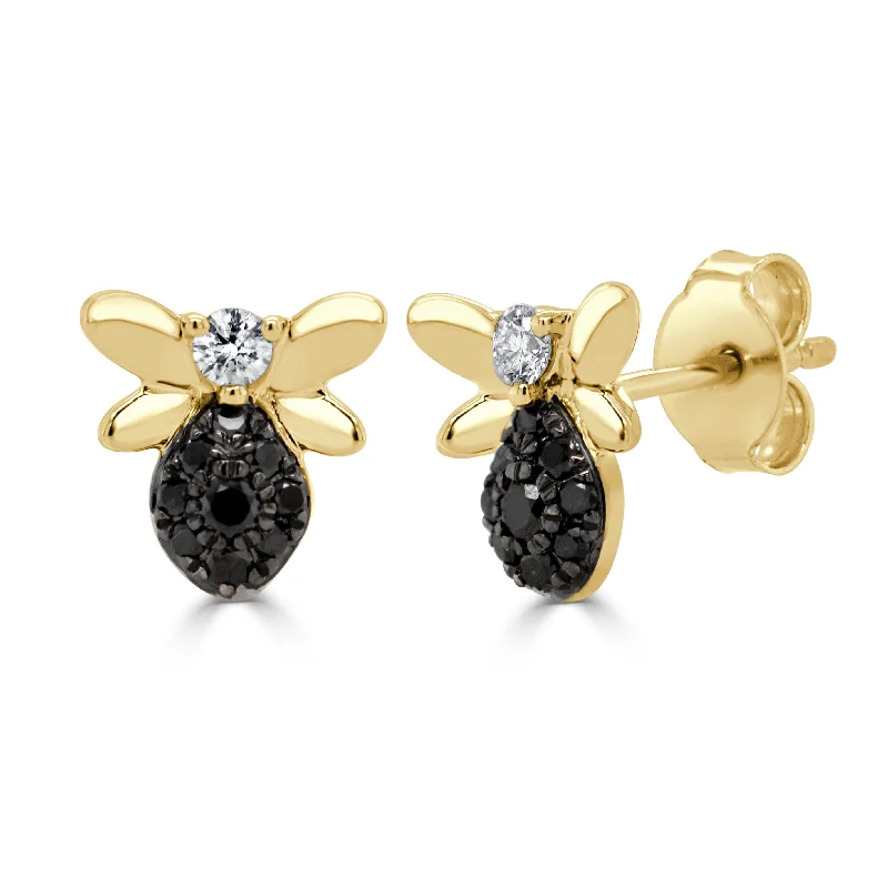 Women’s crystal stud earrings-14k Gold Black & White Diamond Bumble Bee Stud Earrings