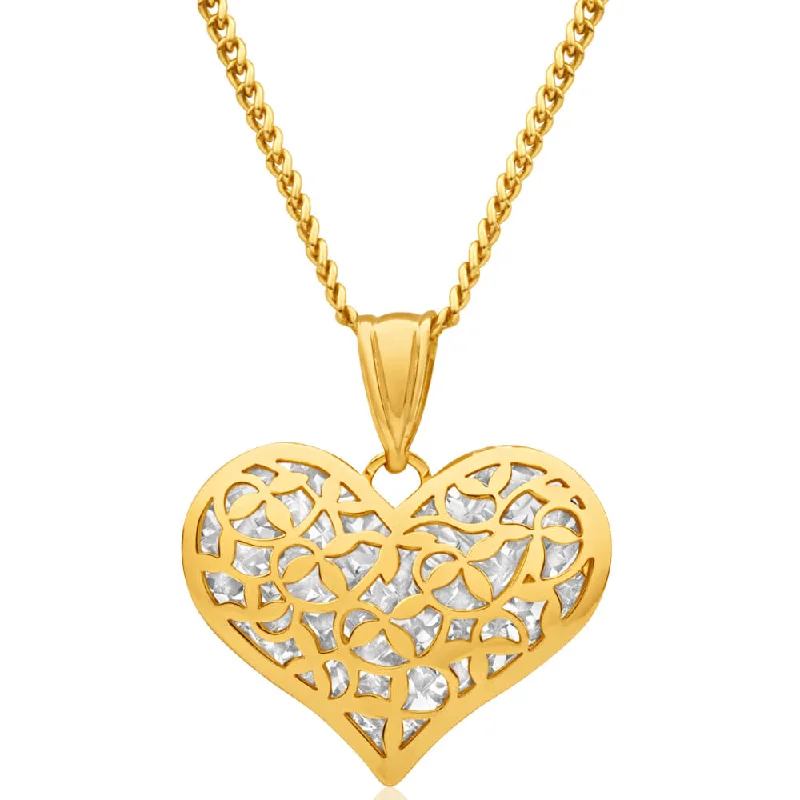 Women’s simple necklaces-9ct Yellow Gold Silver Filled Diamond Cut Heart Pendant