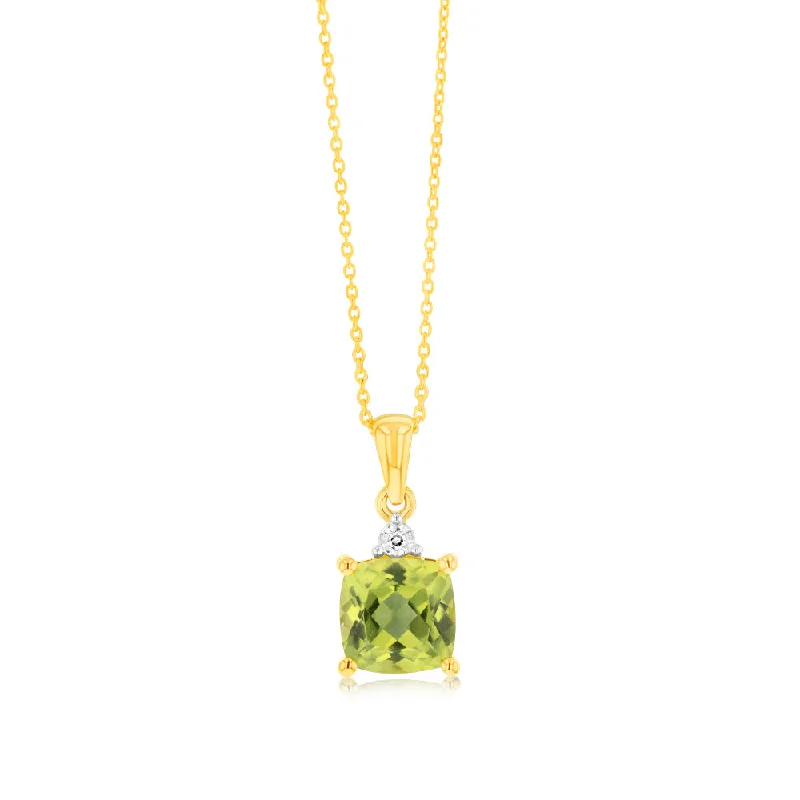 Women’s layered gold necklaces-9ct Yellow Gold 1.7ct Peridot and Diamond Pendant On 45cm Chain