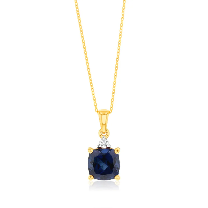 Women’s bridal jewelry necklaces-9ct Yellow Gold 2ct Created Blue Sapphire and Diamond Pendant On 45cm Chain