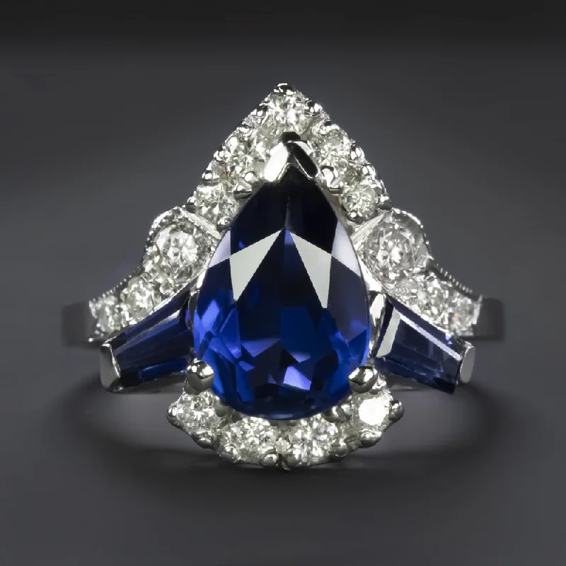 Women’s antique engagement rings-DIAMOND SYNTHETIC SAPPHIRE 14k WHITE GOLD COCKTAIL RING PEAR SHAPE ESTATE BLUE