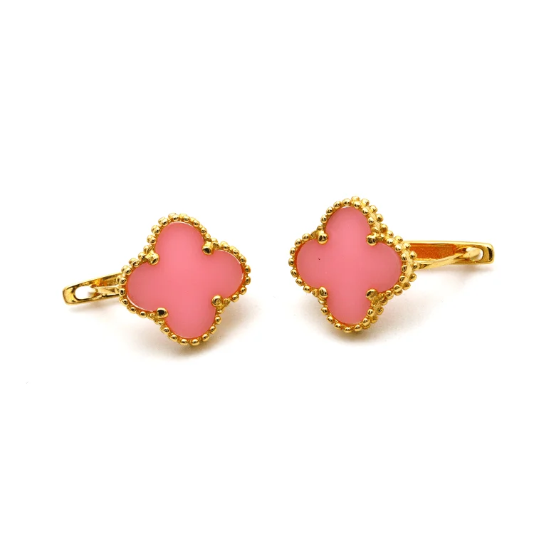 Women’s luxurious drop earrings-Real Gold Pink Clover Clip Earring Set - Model GZJVN E1922