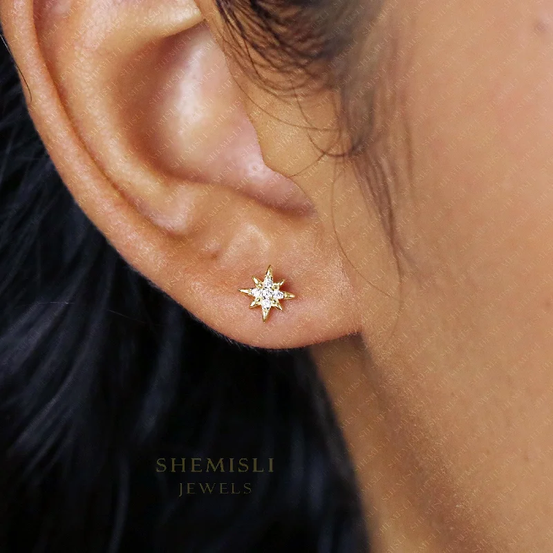 Women’s fashion stud earrings-Tiny Star Studs Earrings, Starburst CZ Studs, Celestial Earrings, Unisex, Gold, Silver SS035 Butterfly End, SS351 Screw Ball End (Type A)