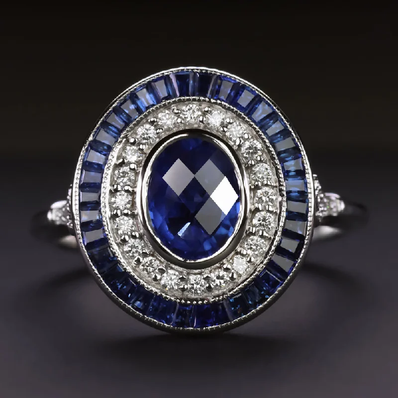 Women’s custom-designed engagement rings-SAPPHIRE DIAMOND COCKTAIL RING DOUBLE HALO VINTAGE STYLE OVAL SHAPE WHITE GOLD