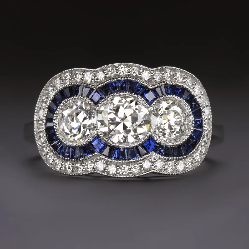 Women’s sapphire halo engagement rings-1.82ctw OLD EUROPEAN DIAMOND COCKTAIL RING ART DECO VINTAGE STYLE SAPPHIRE HALO