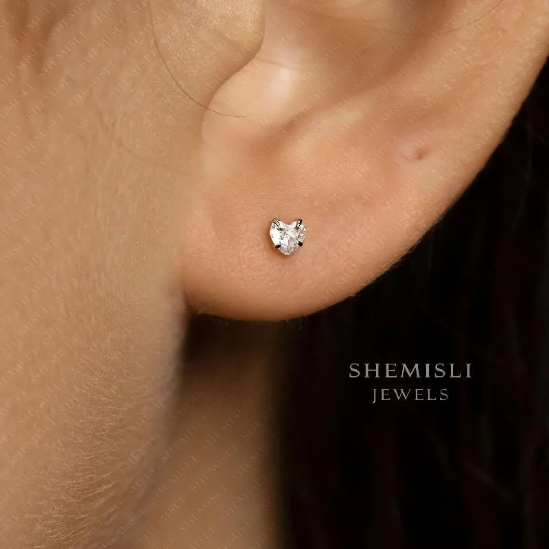 Women’s sparkling earrings-Tiny Heart Shape Stone Earrings, Super Dainty Diamond Stud, Unisex, Sterling Silver SHEMISLI SS364