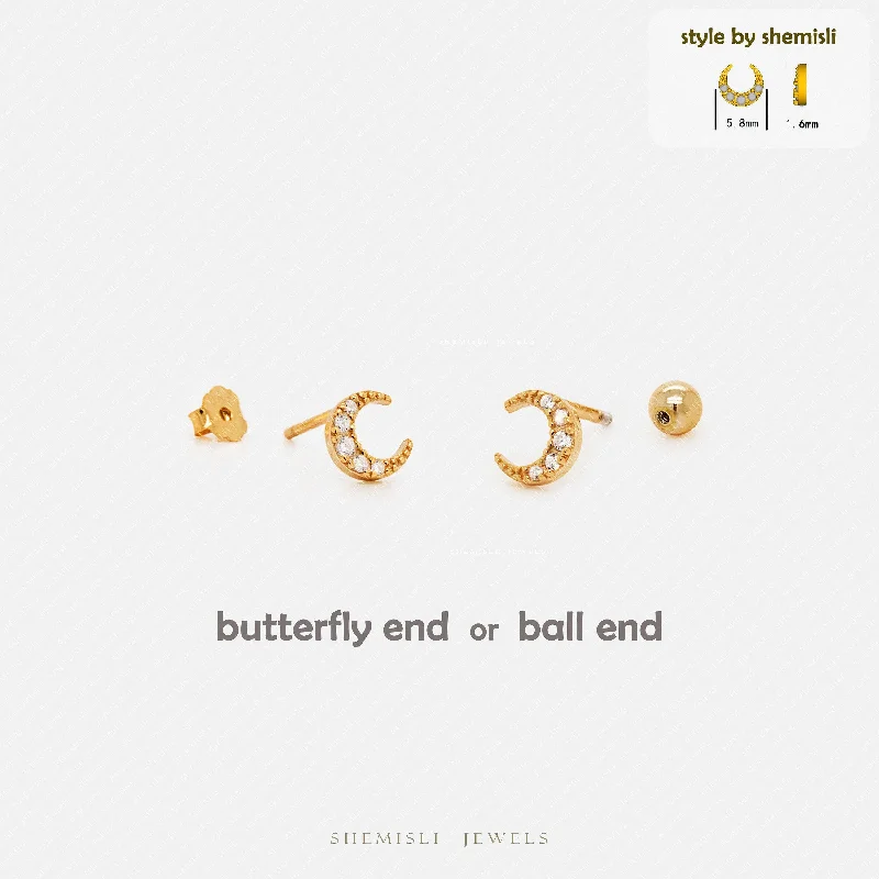 Women’s delicate earrings-Tiny Moon CZ Studs Earrings, Luna Studs, Unisex, Gold, Silver SHEMISLI SS036 Butterfly End, SS352 Screw Ball End (Type A)