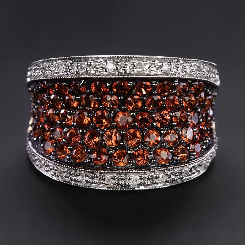 Women’s pear-shaped diamond engagement rings-DIAMOND SPESSARTITE GARNET COCKTAIL RING WIDE BAND RED ORANGE 14k WHITE GOLD