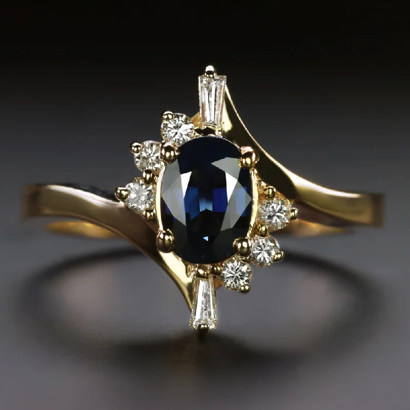 Women’s radiant-cut engagement rings-1ct SAPPHIRE DIAMOND BYPASS RING 14k YELLOW GOLD COCKTAIL CLUSTER NATURAL OVAL