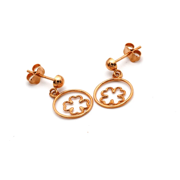 Women’s platinum earrings-Real Gold Flower Round Dangler Drop Rose Gold Earring Set 3092 E1625