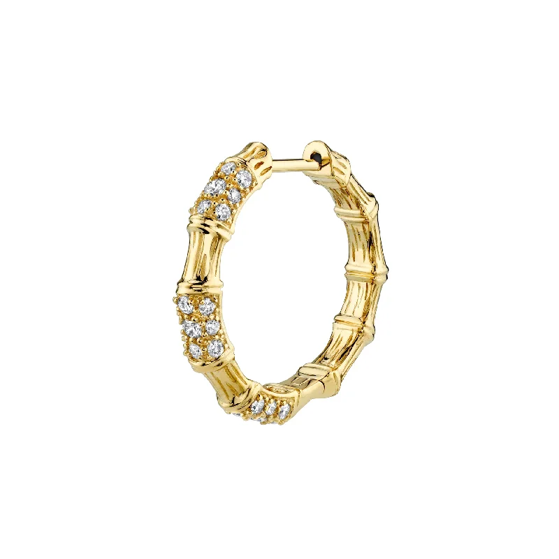 Women’s delicate earrings-Large Bamboo Hoop - White Diamond / 14k Yellow Gold