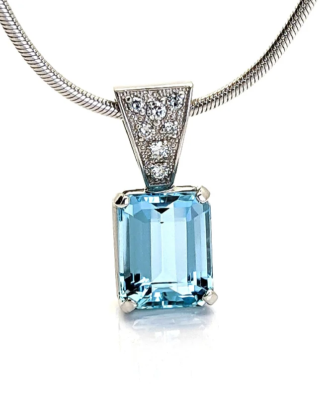 Women’s vintage pendant necklaces-3 Carat Aquamarine Diamond Pendant 14K Solid White Gold