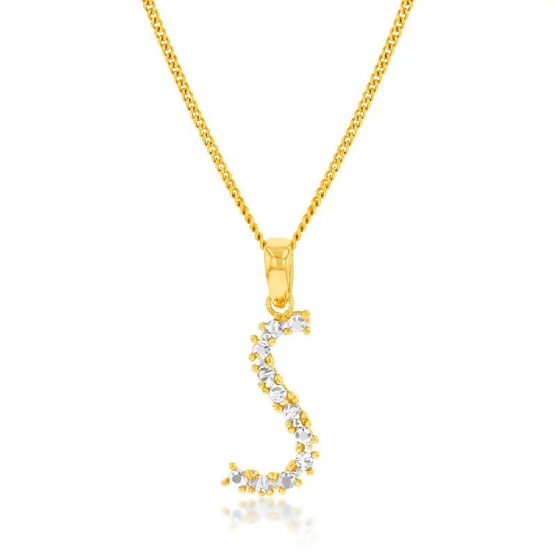 Women’s bar necklaces-9ct Yellow And White Gold Two Tone Diamond Cut Initial "S" Pendant