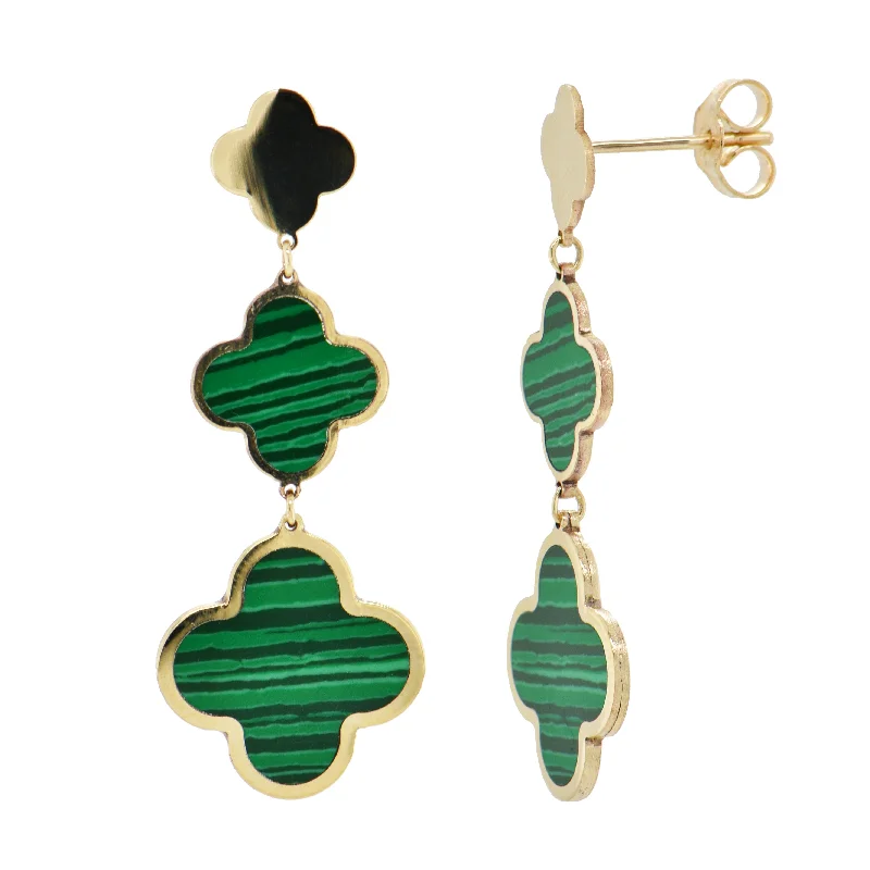 Women’s gemstone earrings-14K Gold Three Clover Gemstone Inlay Dangle Earrings