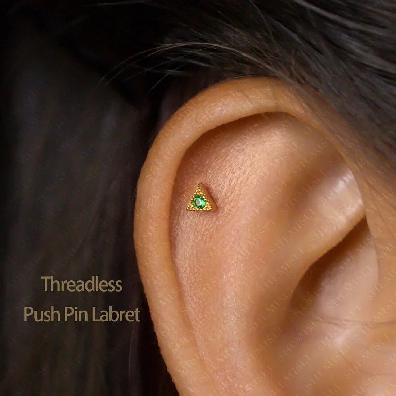 Women’s long gold earrings-Tiny Triangle Emerald Stone Threadless Flat Back Earrings, 20,18,16ga, 5-10mm, Unisex, Surgical Steel, SHEMISLI SS555