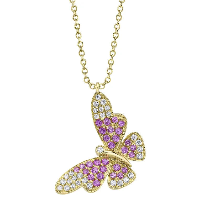 Women’s emerald necklaces-14kt Yellow Gold Butterfly Pendant/ 0.17ct Diamond Pave and 0.38ct Pink Sapphire Pave set