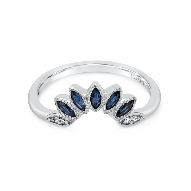 Women’s oval engagement rings-Dahlia 0.02ct Diamond and Sapphire Contoured Band in 18K White Gold, Size 6.5