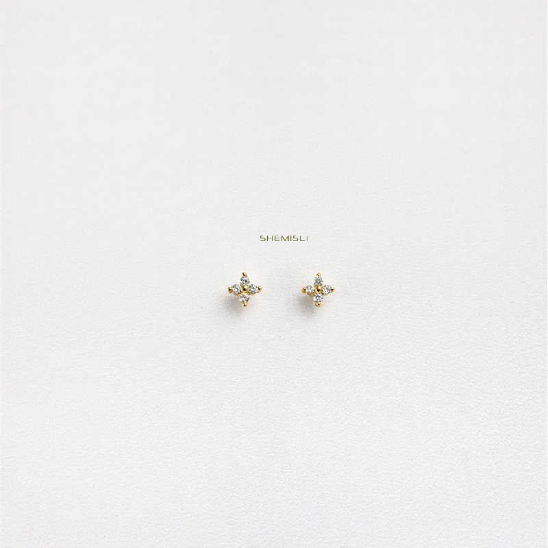 Women’s gold chandelier earrings-4 Leaf Clover Studs, CZ Flower Earrings, Starburst Studs, Unisex, Gold, Silver SHEMISLI SS040