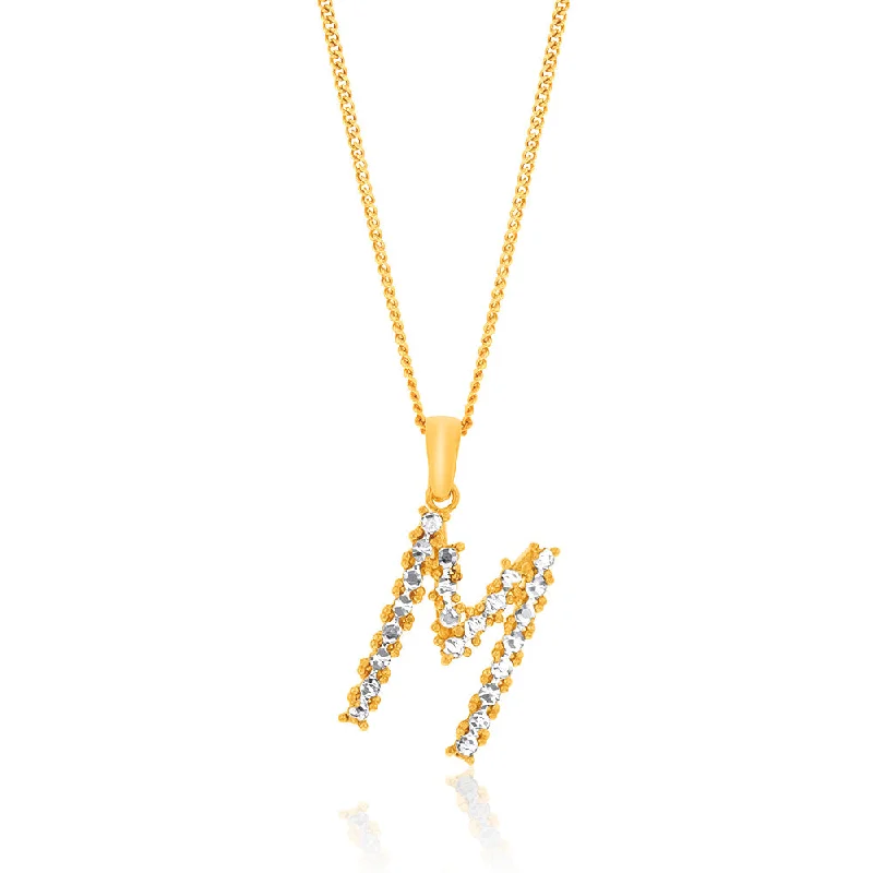 Women’s lockets necklaces-9ct Yellow And White Gold Two Tone Diamond Cut Initial "M" Pendant