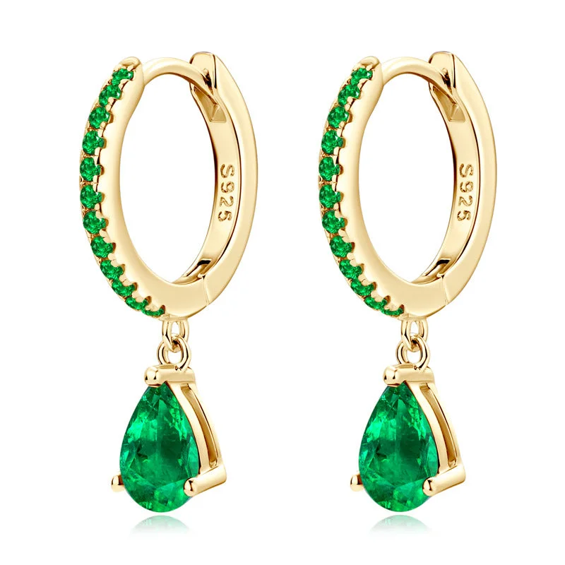 Women’s minimalistic earrings-Emerald Tear Drop Hoop Earrings | S925