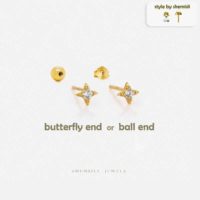 Women’s crystal stud earrings-Tiny White Stone 4 Point Star Studs Earrings, Celestial Earrings, Unisex, Gold, Silver SHEMISLI - SS863 Butterfly End, SS864 Screw Ball End