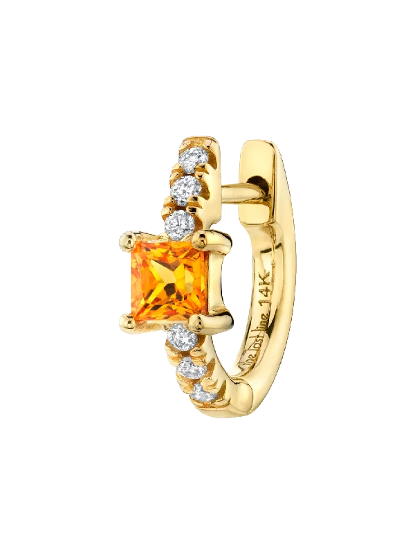 Women’s pearl drop earrings-Princess Solitaire Pavé Huggie - White Diamond and Orange Sapphire / 14k Yellow Gold